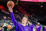 Oct 16, 2025; Salt Lake City, Utah, USA; Utah Jazz forward/center Lauri Markkanen (23) warms up before the game against the Portland Trail Blazers at Delta Center. Mandatory Credit: Peter Creveling-Imagn Images