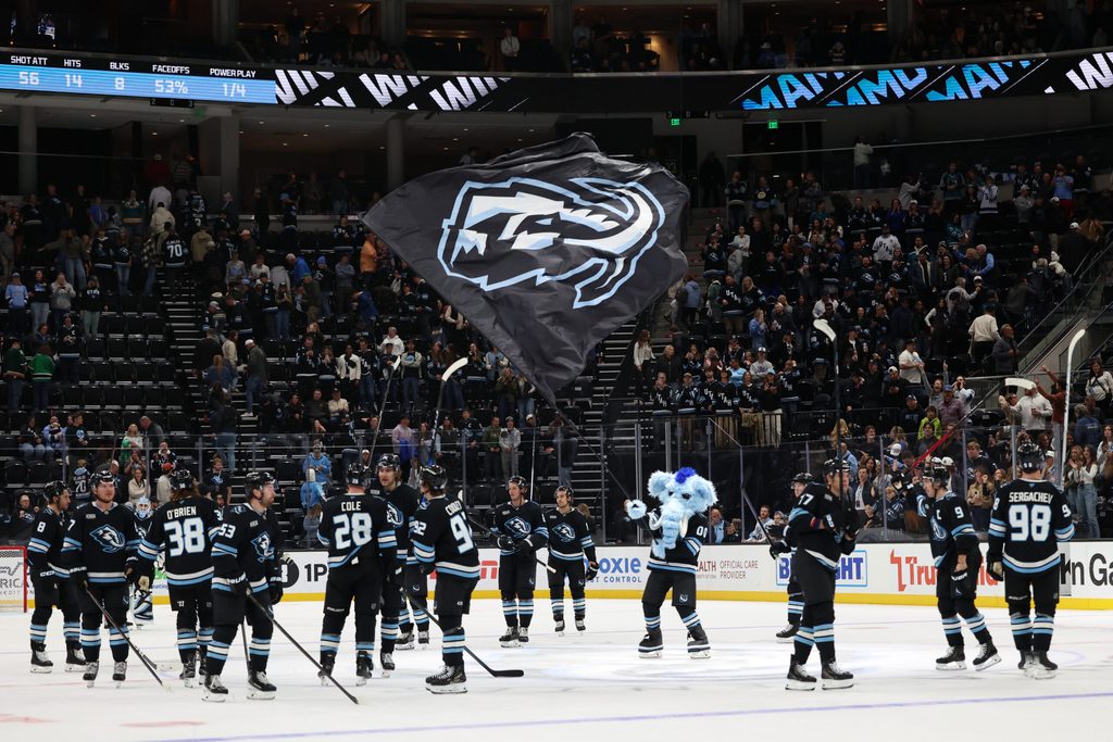 Oct 17, 2025; Salt Lake City, Utah, USA; The Utah Mammoth celebrate a win over the against the San Jose Sharks after the game at Delta Center. Mandatory Credit: Rob Gray-Imagn Images