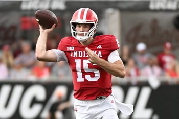 Oct 18, 2025; Bloomington, Indiana, USA; Indiana Hoosiers quarterback Fernando Mendoza (15) throws a pass during the first half against the Michigan State Spartans at Memorial Stadium. Mandatory Credit: Robert Goddin-Imagn Images