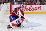 Oct 18, 2025; Montreal, Quebec, CAN; Montreal Canadiens goalie Sam Montembeault (35) makes a save against the New York Rangers during the third period at the Bell Centre. Mandatory Credit: Eric Bolte-Imagn Images