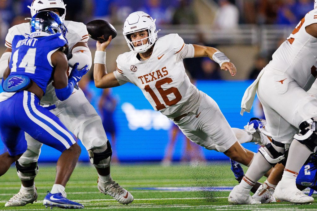 Oct 18, 2025; Lexington, Kentucky, USA; Texas Longhorns quarterback Arch Manning (16) throws a pass during the third quarter against the Kentucky Wildcats at Kroger Field. Mandatory Credit: Jordan Prather-Imagn Images