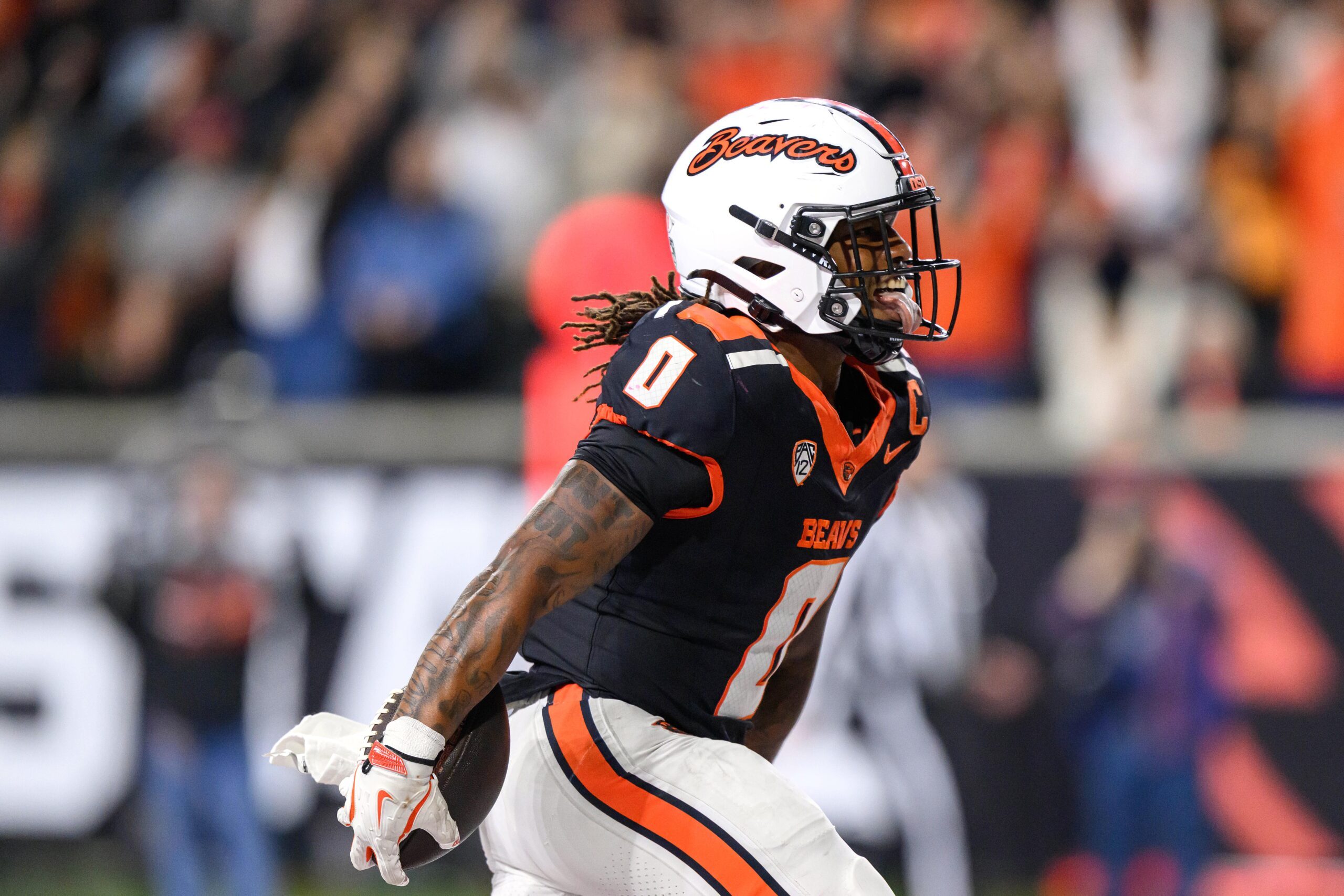 Oct 18, 2025; Corvallis, Oregon, USA; Oregon State Beavers running back Anthony Hankerson (0) scores a touchdown during the third quarter against the Lafayette Leopards at Reser Stadium. Mandatory Credit: Craig Strobeck-Imagn Images