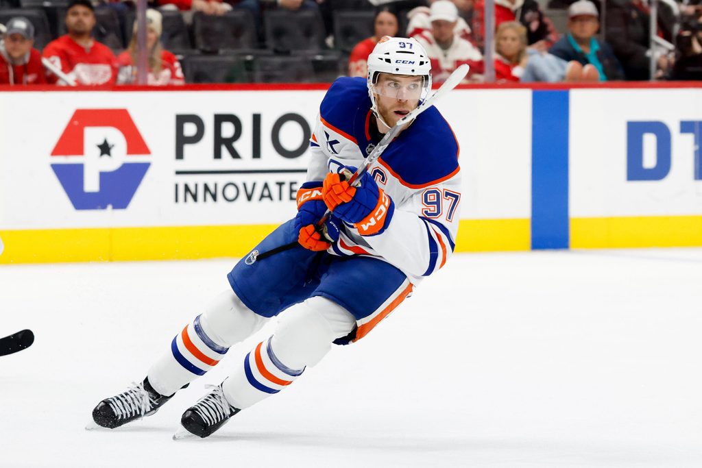 Oct 19, 2025; Detroit, Michigan, USA; Edmonton Oilers center Connor McDavid (97) skates in the third period against the Detroit Red Wings at Little Caesars Arena. Mandatory Credit: Rick Osentoski-Imagn Images