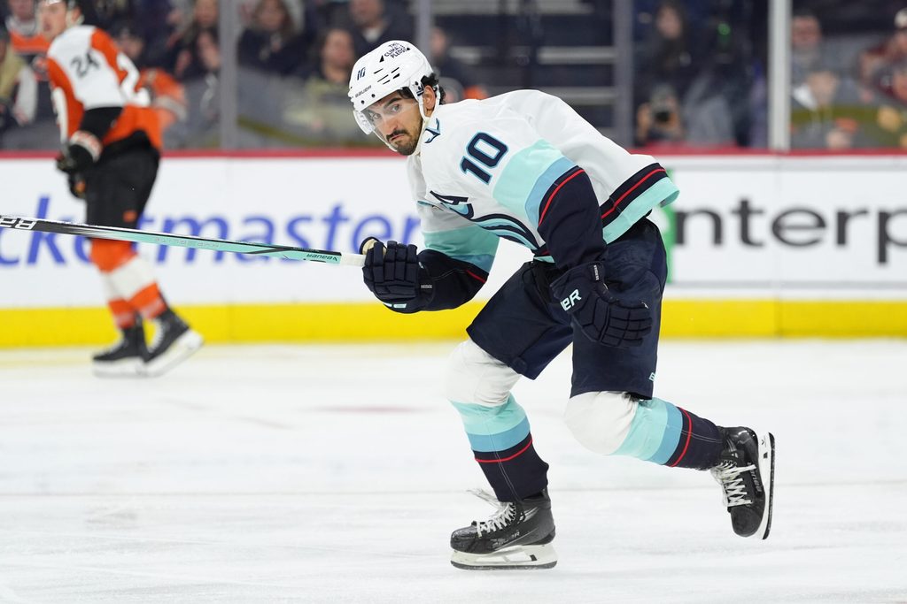 Oct 20, 2025; Philadelphia, Pennsylvania, USA; Seattle Kraken center Matty Beniers (10) in action against the Philadelphia Flyers in the third period at Xfinity Mobile Arena. Mandatory Credit: Kyle Ross-Imagn Images