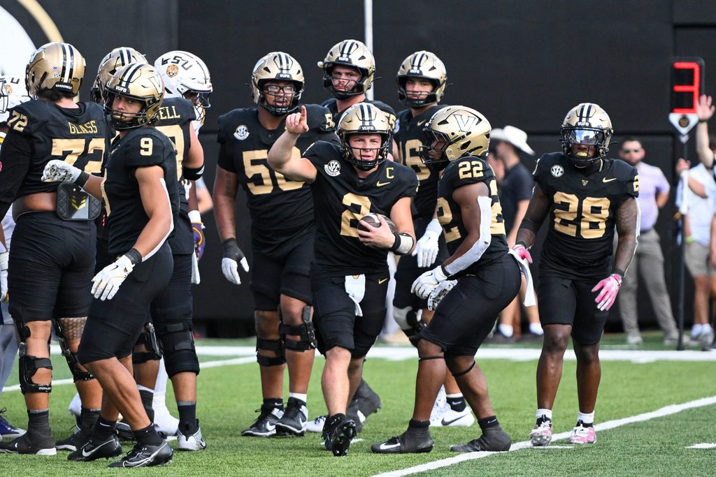 Oct 18, 2025; Nashville, Tennessee, USA; Vanderbilt Commodores quarterback Diego Pavia (2) celebrates the win against the Louisiana State Tigers during the second half at FirstBank Stadium. Mandatory Credit: Steve Roberts-Imagn Images