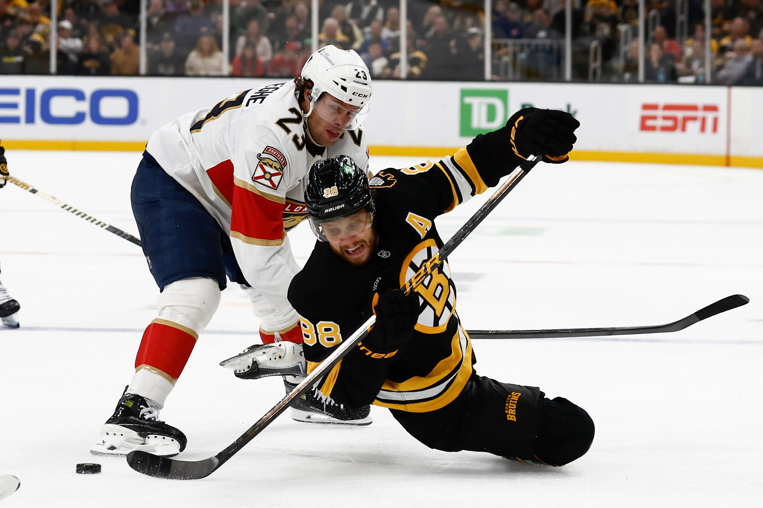 Oct 21, 2025; Boston, Massachusetts, USA; Boston Bruins right wing David Pastrnak (88) gets off a pass while being taken down by Florida Panthers center Carter Verhaeghe (23) during the third period at TD Garden. Mandatory Credit: Winslow Townson-Imagn Images