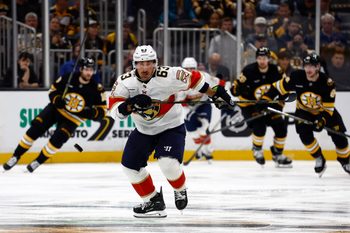 Oct 21, 2025; Boston, Massachusetts, USA; Florida Panthers left wing Brad Marchand (63) chases a loose puck against the Boston Bruins during the third period at TD Garden. Mandatory Credit: Winslow Townson-Imagn Images