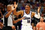 Oct 22, 2025; Phoenix, Arizona, USA; Sacramento Kings guard Russell Westbrook (18) reacts to a call during the second half against the Phoenix Suns at the Mortgage Matchup Center. Mandatory Credit: Mark J. Rebilas-Imagn Images