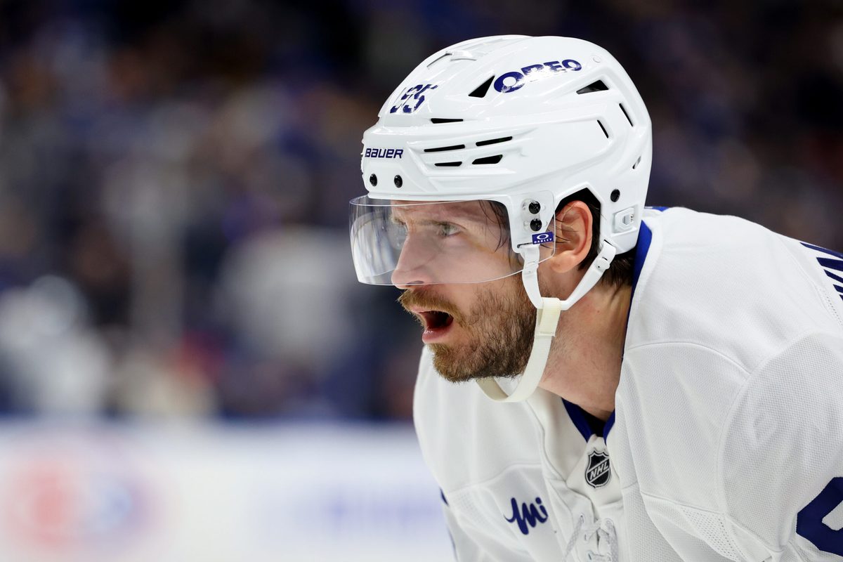 Oct 24, 2025; Buffalo, New York, USA; Toronto Maple Leafs defenseman Oliver Ekman-Larsson (95) waits for the face-off during the third period against the Buffalo Sabres at KeyBank Center. Mandatory Credit: Timothy T. Ludwig-Imagn Images