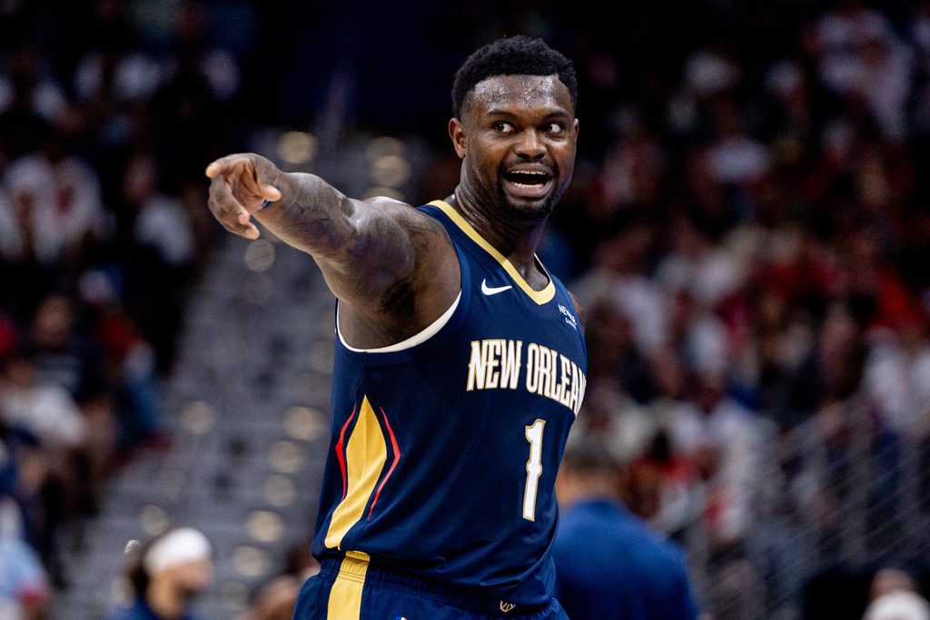 Oct 24, 2025; New Orleans, Louisiana, USA;  New Orleans Pelicans forward Zion Williamson (1) reacts to a play against the San Antonio Spurs during the second half at Smoothie King Center. Mandatory Credit: Stephen Lew-Imagn Images