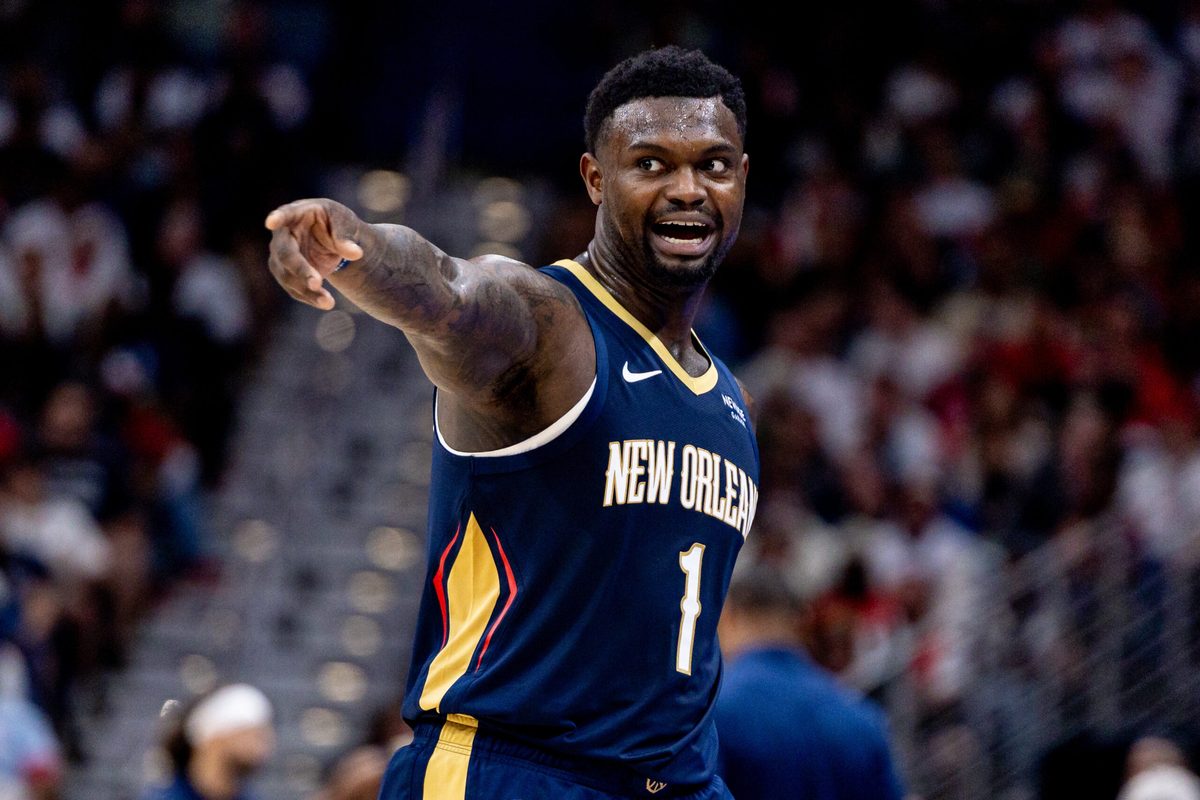 Oct 24, 2025; New Orleans, Louisiana, USA; New Orleans Pelicans forward Zion Williamson (1) reacts to a play against the San Antonio Spurs during the second half at Smoothie King Center. Mandatory Credit: Stephen Lew-Imagn Images