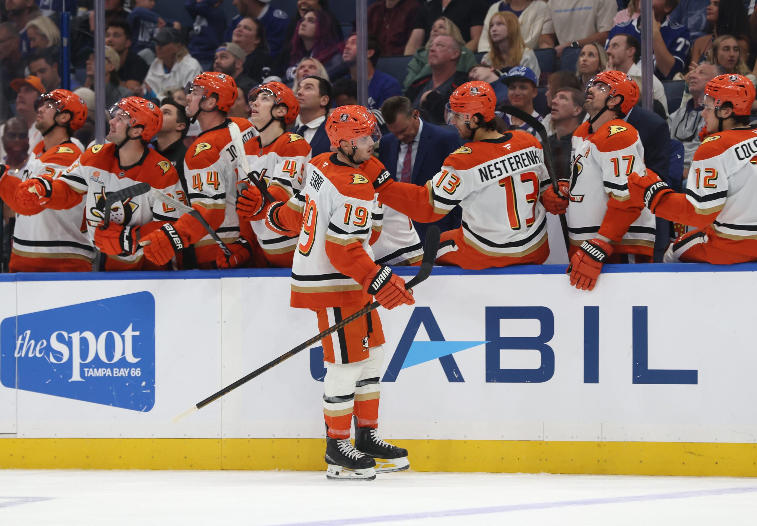 Oct 25, 2025; Tampa, Florida, USA; Anaheim Ducks right wing Troy Terry (19) is congratulated after he scored a goal against the Tampa Bay Lightning during the third period at Benchmark International Arena. Mandatory Credit: Kim Klement Neitzel-Imagn Images