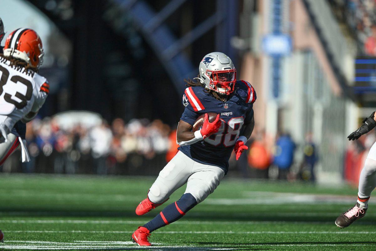 Oct 26, 2025; Foxborough, Massachusetts, USA; New England Patriots running back Rhamondre Stevenson (38) runs with the ball during the third quarter against the Cleveland Browns at Gillette Stadium. Mandatory Credit: Brian Fluharty-Imagn Images