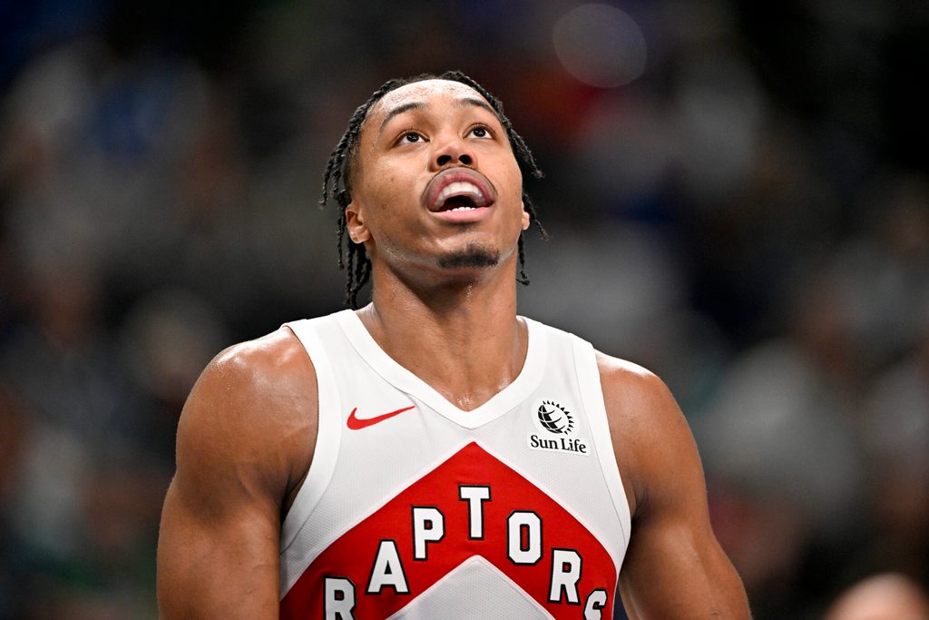 Oct 26, 2025; Dallas, Texas, USA; Toronto Raptors forward Scottie Barnes (4) looks on during the second half against the Dallas Mavericks at the American Airlines Center. Mandatory Credit: Jerome Miron-Imagn Images