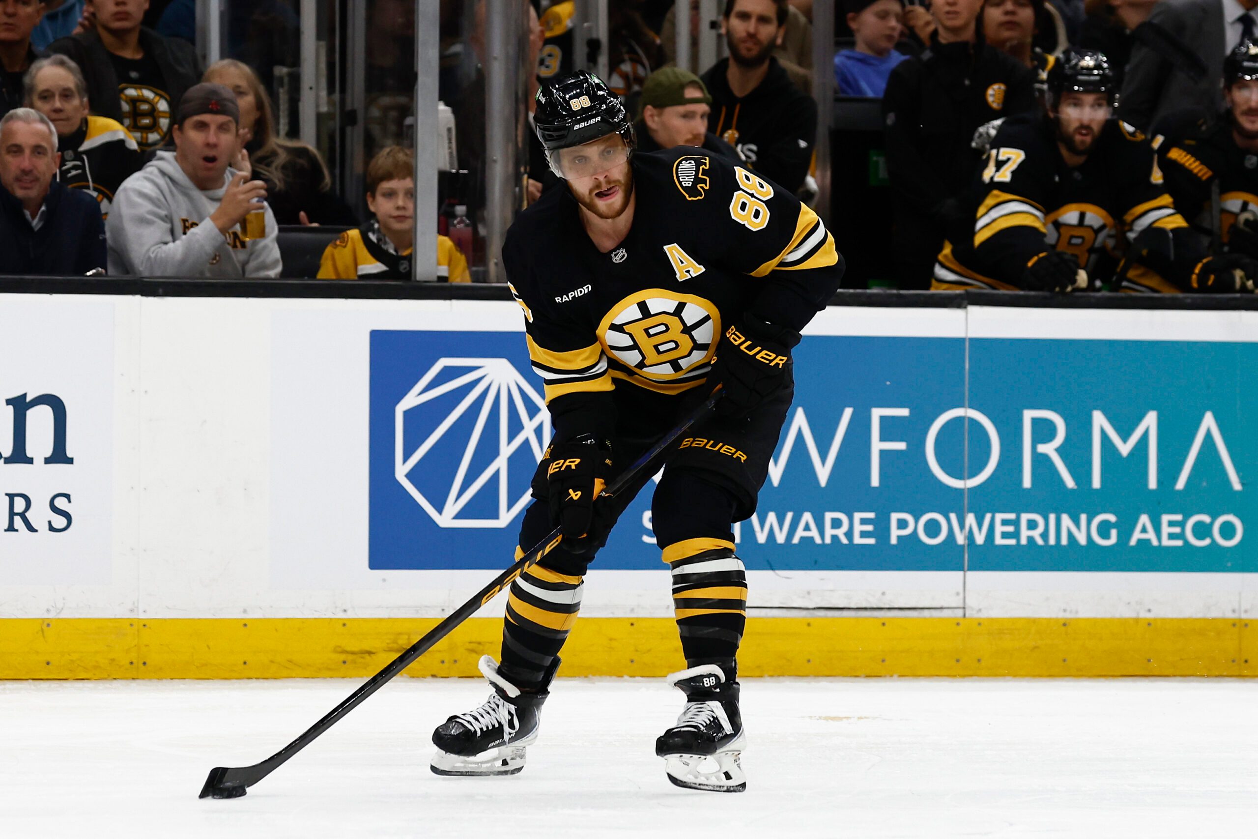 Oct 25, 2025; Boston, Massachusetts, USA; Boston Bruins right wing David Pastrnak (88) during the game against the Colorado Avalanche at TD Garden. Mandatory Credit: Winslow Townson-Imagn Images