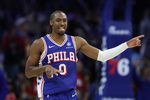 Oct 27, 2025; Philadelphia, Pennsylvania, USA; Philadelphia 76ers guard Tyrese Maxey (0) reacts after scoring against the Orlando Magic during the fourth quarter at Xfinity Mobile Arena. Mandatory Credit: Bill Streicher-Imagn Images