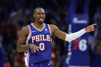 Oct 27, 2025; Philadelphia, Pennsylvania, USA; Philadelphia 76ers guard Tyrese Maxey (0) reacts after scoring against the Orlando Magic during the fourth quarter at Xfinity Mobile Arena. Mandatory Credit: Bill Streicher-Imagn Images