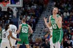 Oct 27, 2025; New Orleans, Louisiana, USA; Boston Celtics forward Sam Hauser (30) reacts after making a three point basket against the New Orleans Pelicans during the second half at Smoothie King Center. Mandatory Credit: Matthew Hinton-Imagn Images