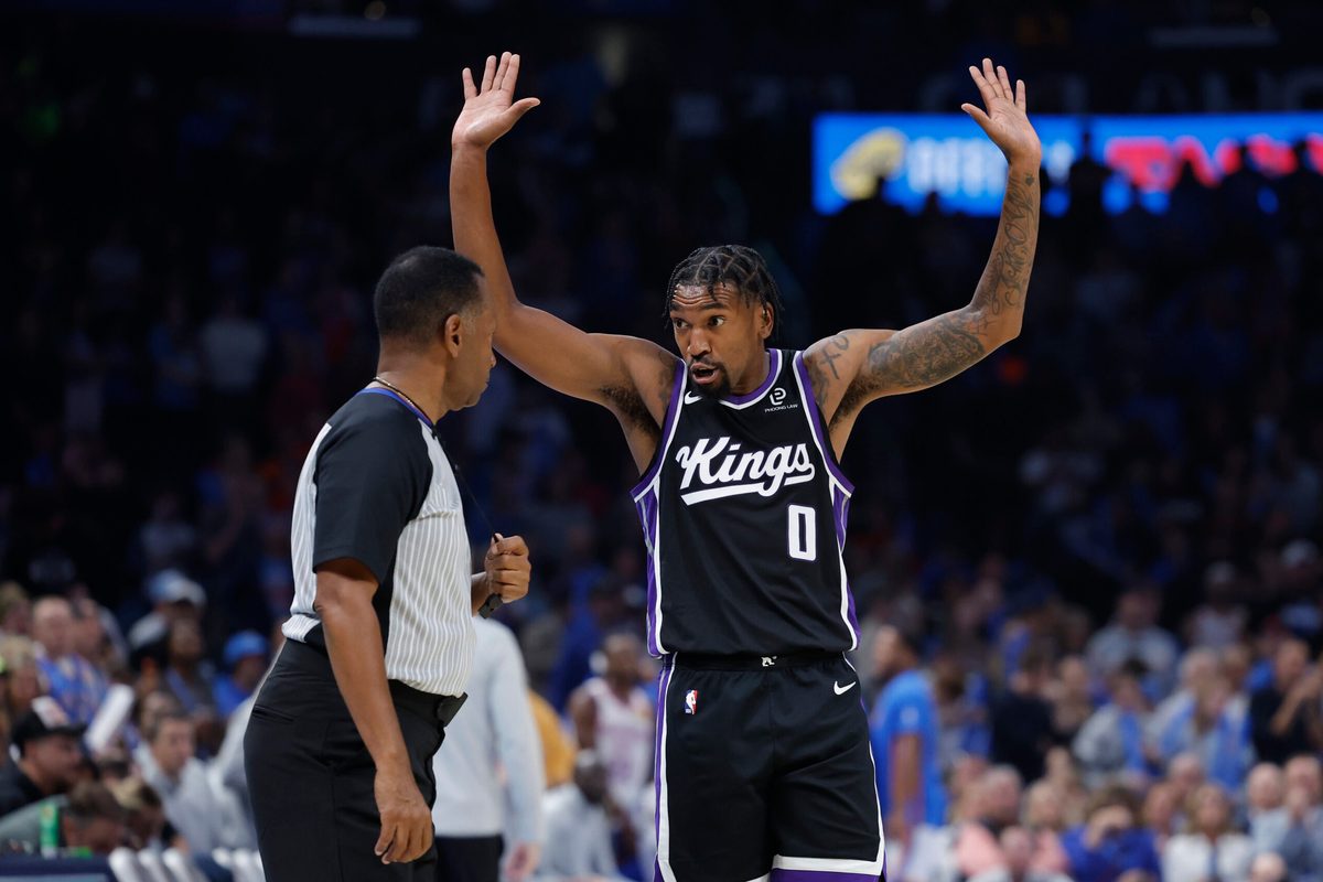 Oct 28, 2025; Oklahoma City, Oklahoma, USA; Sacramento Kings guard Malik Monk (0) reacts to an officials call after a play against the Oklahoma City Thunder during the second half at Paycom Center. Mandatory Credit: Alonzo Adams-Imagn Images