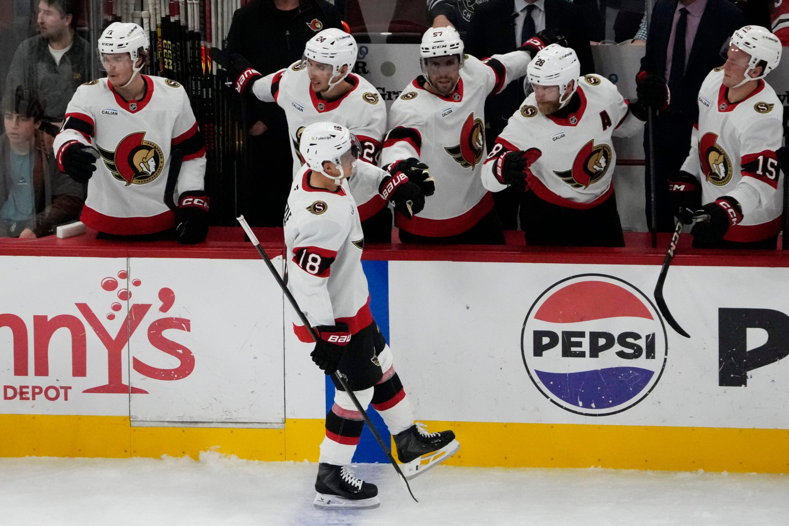 Oct 28, 2025; Chicago, Illinois, USA; Ottawa Senators center Tim Stützle (18) celebrates his goal against the Chicago Blackhawks during the second period at United Center. Mandatory Credit: David Banks-Imagn Images