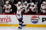 Oct 28, 2025; Chicago, Illinois, USA; Ottawa Senators center Tim Stützle (18) celebrates his goal against the Chicago Blackhawks during the second period at United Center. Mandatory Credit: David Banks-Imagn Images