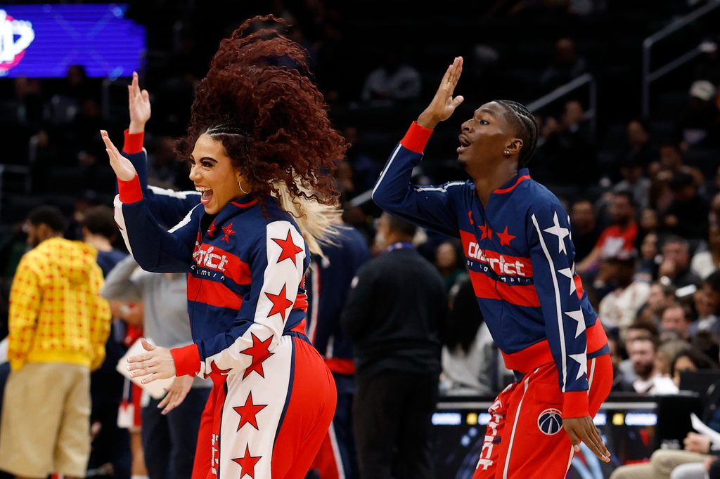 Oct 28, 2025; Washington, District of Columbia, USA; Members of the Washington Wizards Dancers dance during a timeout against the Philadelphia 76ers in the fourth quarter at Capital One Arena. Mandatory Credit: Geoff Burke-Imagn Images