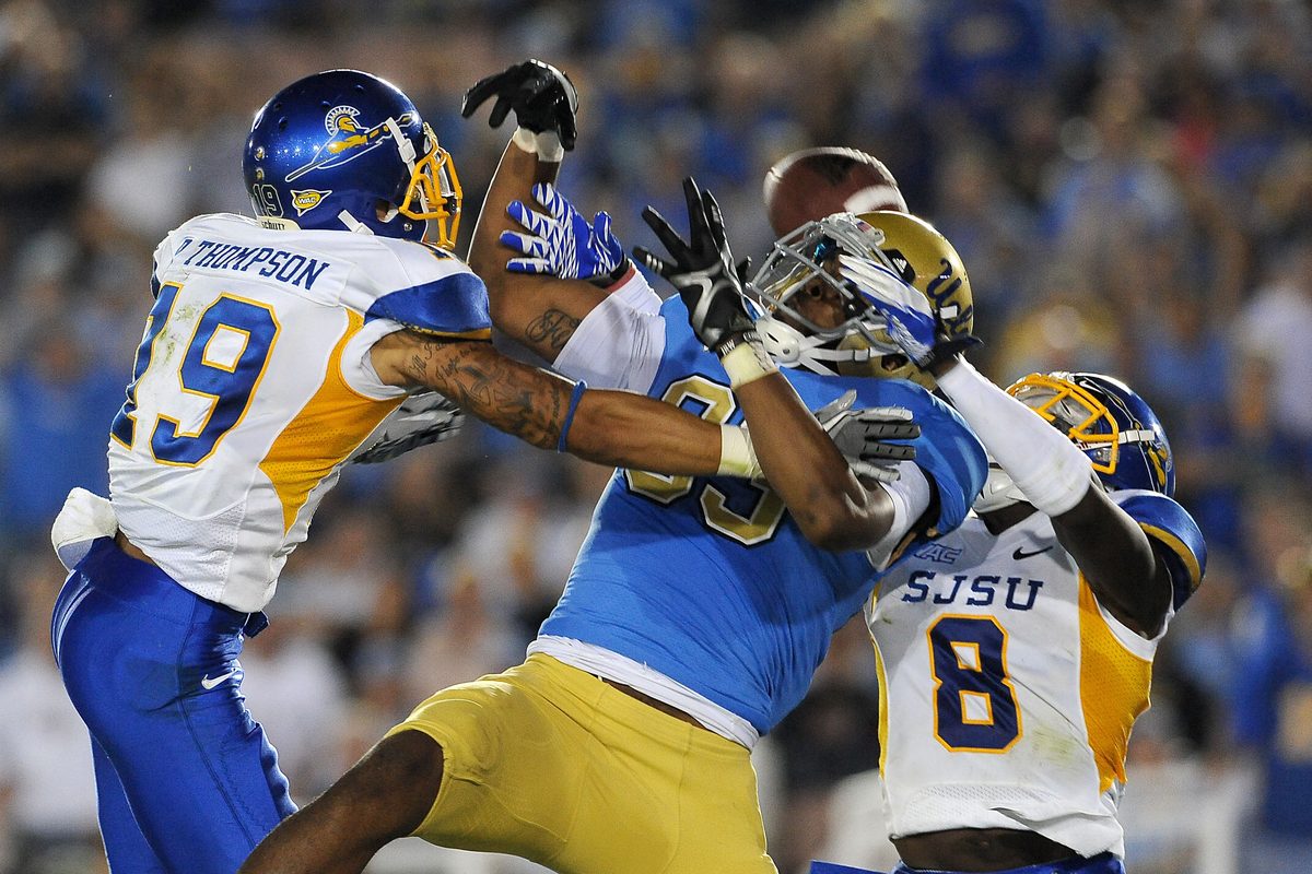 Sep 10, 2011; Pasadena, CA, USA; San Jose State Spartans cornerback Peyton Thompson (19) and cornerback Brandon Driver (8) break up a pass intended for UCLA Bruins wide receiver Nelson Rosario (83) during the 4th quarter in the end zone at the Rose Bowl. UCLA won 27-17. Mandatory Credit: Jayne Kamin-Oncea-Imagn Images