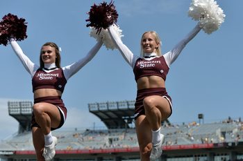 Sep 2, 2017; Columbia, MO, USA; Missouri State Bears cheerleaders entertain fans during the second half against the Missouri Tigers at Faurot Field. Mandatory Credit: Denny Medley-Imagn Images