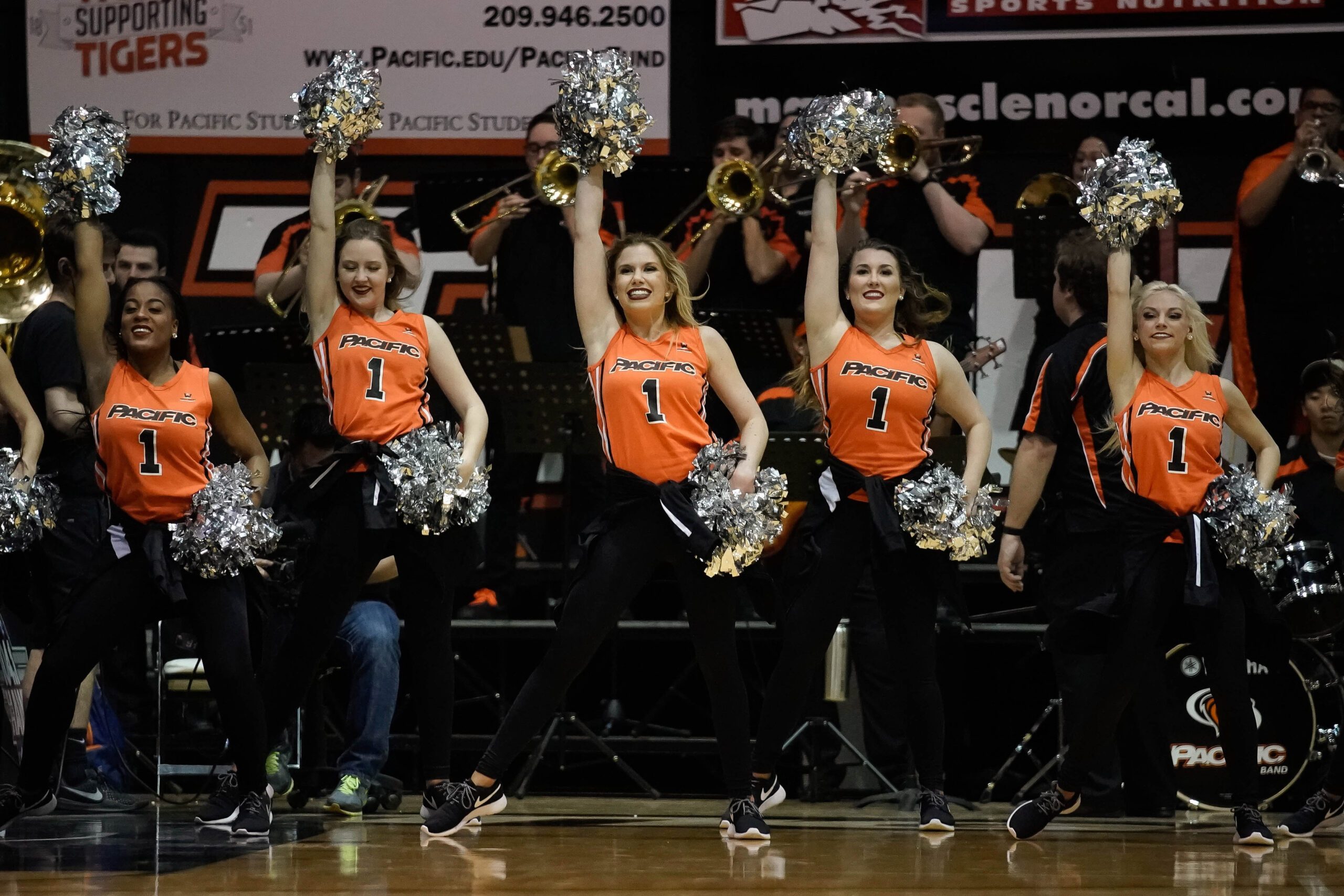 Feb 8, 2018; Stockton, CA, USA; Pacific Tigers cheerleaders perform during the first half of the game against the Gonzaga Bulldogs at Alex G. Spanos Center. Mandatory Credit: Stan Szeto-Imagn Images