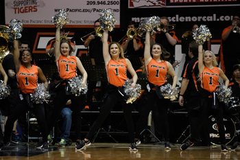 Feb 8, 2018; Stockton, CA, USA; Pacific Tigers cheerleaders perform during the first half of the game against the Gonzaga Bulldogs at Alex G. Spanos Center. Mandatory Credit: Stan Szeto-Imagn Images