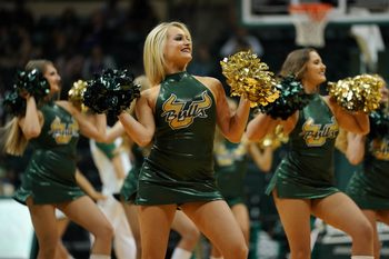 Mar 4, 2018; Tampa, FL, USA; South Florida Bulls cheerleaders perform during a time out in the game between the South Florida Bulls and the Southern Methodist Mustangs in the second half at USF Sun Dome. Mandatory Credit: Jasen Vinlove-Imagn Images