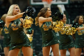 Mar 4, 2018; Tampa, FL, USA; South Florida Bulls cheerleaders perform during a time out in the game between the South Florida Bulls and the Southern Methodist Mustangs in the second half at USF Sun Dome. Mandatory Credit: Jasen Vinlove-Imagn Images