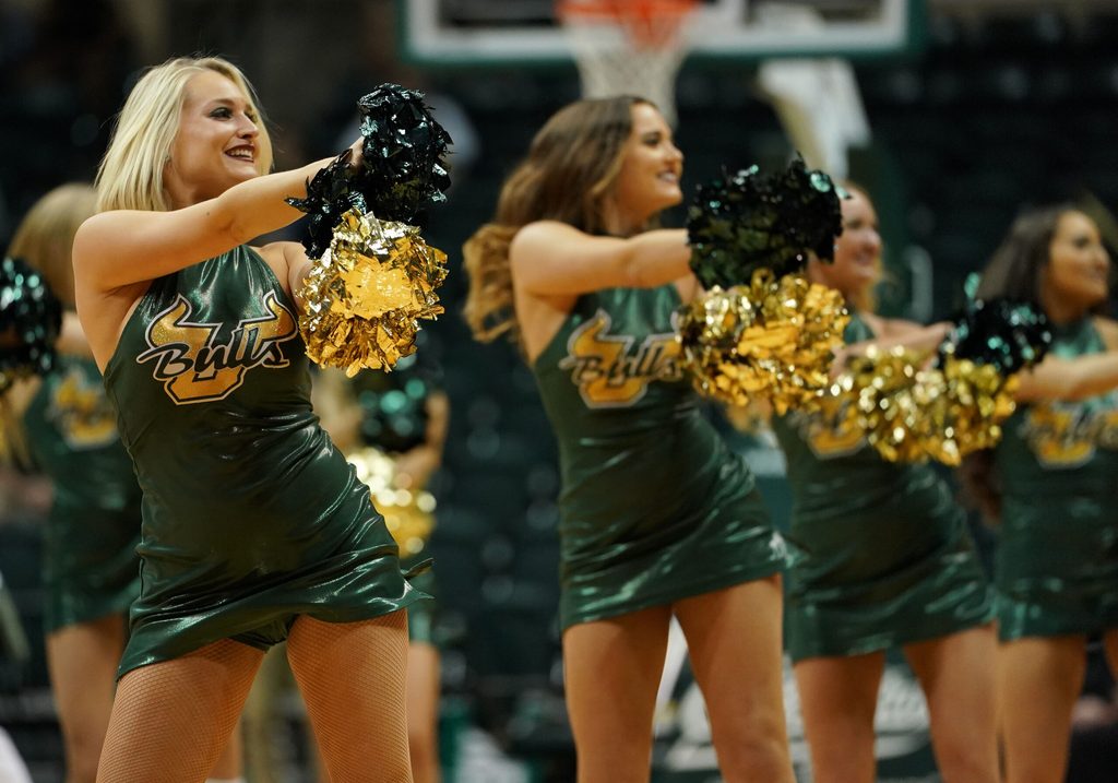 Mar 4, 2018; Tampa, FL, USA; South Florida Bulls cheerleaders perform during a time out in the game between the South Florida Bulls and the Southern Methodist Mustangs in the second half at USF Sun Dome. Mandatory Credit: Jasen Vinlove-Imagn Images