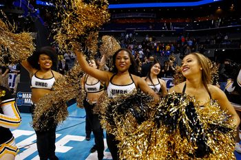 Mar 16, 2018; Charlotte, NC, USA; The UMBC Retrievers cheerleader after the game against Virginia Cavaliers in the first round of the 2018 NCAA Tournament at Spectrum Center. Mandatory Credit: Jeremy Brevard-Imagn Images