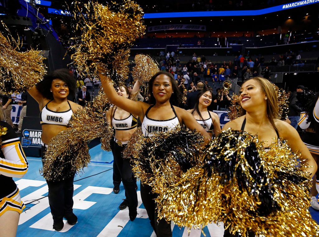 Mar 16, 2018; Charlotte, NC, USA; The UMBC Retrievers cheerleader after the game against Virginia Cavaliers in the first round of the 2018 NCAA Tournament at Spectrum Center. Mandatory Credit: Jeremy Brevard-Imagn Images
