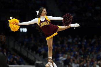 Mar 22, 2018; Atlanta, GA, USA; The Loyola Ramblers cheerleaders perform during the second half against the Nevada Wolf Pack in the semifinals of the South regional of the 2018 NCAA Tournament at Philips Arena. Mandatory Credit: Brett Davis-Imagn Images
