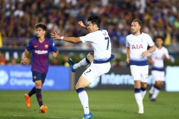 Jul 28, 2018; Pasadena, CA, USA; Tottenham Hotspur forward Son Heung-Min against FC Barcelona during an International Champions Cup soccer match at Rose Bowl. Mandatory Credit: Mark J. Rebilas-Imagn Images