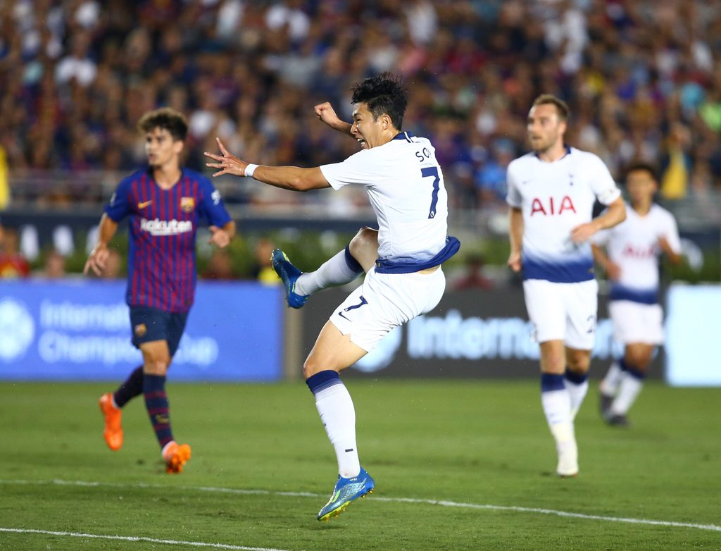 Jul 28, 2018; Pasadena, CA, USA; Tottenham Hotspur forward Son Heung-Min against FC Barcelona during an International Champions Cup soccer match at Rose Bowl. Mandatory Credit: Mark J. Rebilas-Imagn Images