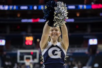 Nov 6, 2018; Washington, DC, USA; Georgetown Hoyas cheerleader performs during the first half at Capital One Arena. Mandatory Credit: Scott Taetsch-Imagn Images