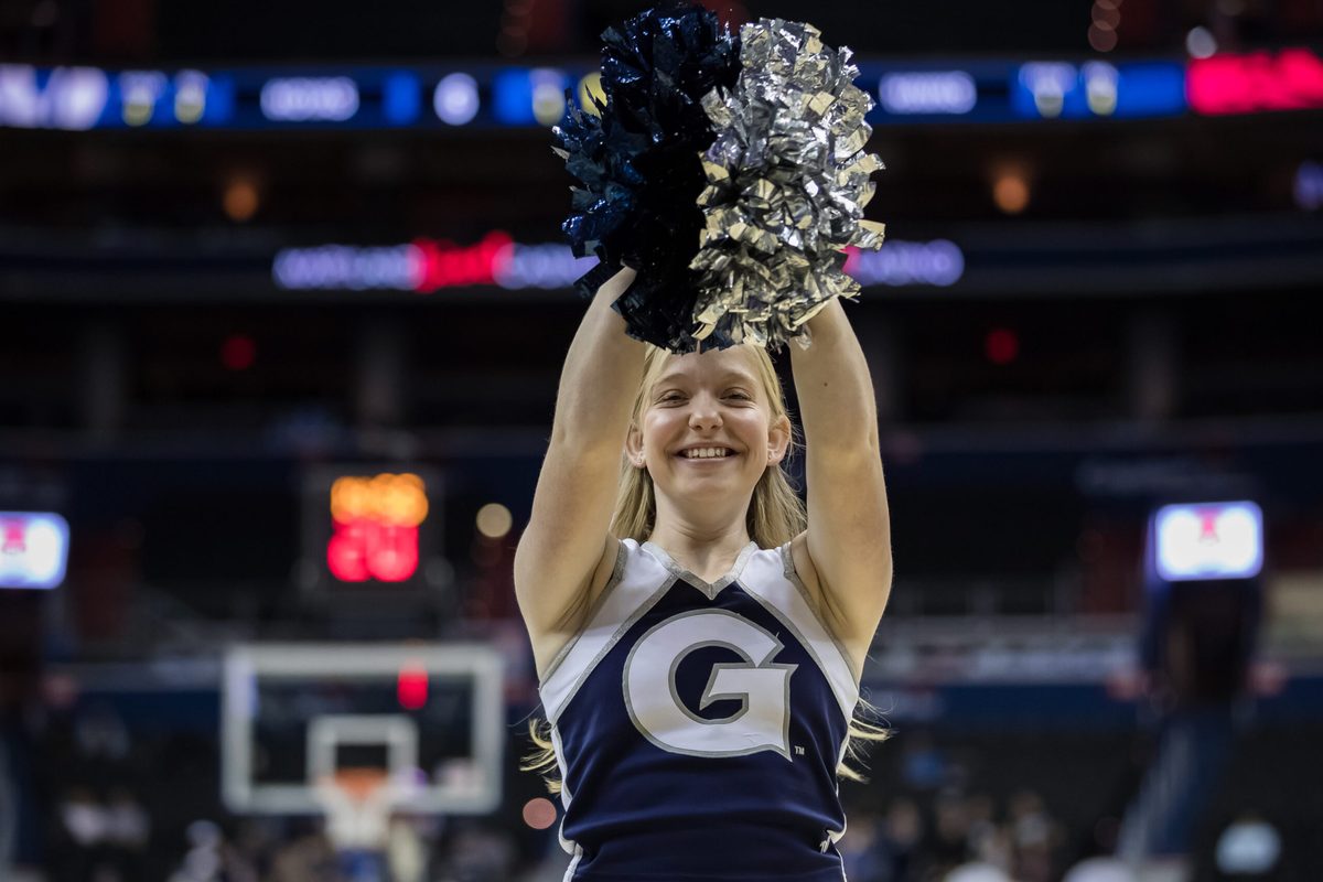 Nov 6, 2018; Washington, DC, USA; Georgetown Hoyas cheerleader performs during the first half at Capital One Arena. Mandatory Credit: Scott Taetsch-Imagn Images