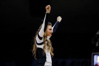 Mar 19, 2019; Dayton, OH, USA; Fairleigh Dickinson Knights cheerleader in the game against the Prairie View A&M Panthers in the first half in the First Four of the 2019 NCAA Tournament at Dayton Arena. Mandatory Credit: Rick Osentoski-Imagn Images