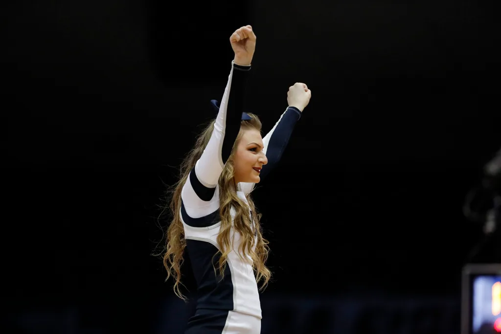 Mar 19, 2019; Dayton, OH, USA; Fairleigh Dickinson Knights cheerleader in the game against the Prairie View A&M Panthers in the first half in the First Four of the 2019 NCAA Tournament at Dayton Arena. Mandatory Credit: Rick Osentoski-Imagn Images