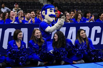 Mar 20, 2019; Jacksonville, FL, USA; The Seton Hall Pirates mascot and cheerleaders during practice day before the first round of the 2019 NCAA Tournament at Jacksonville Veterans Memorial Arena. Mandatory Credit: Matt Stamey-Imagn Images