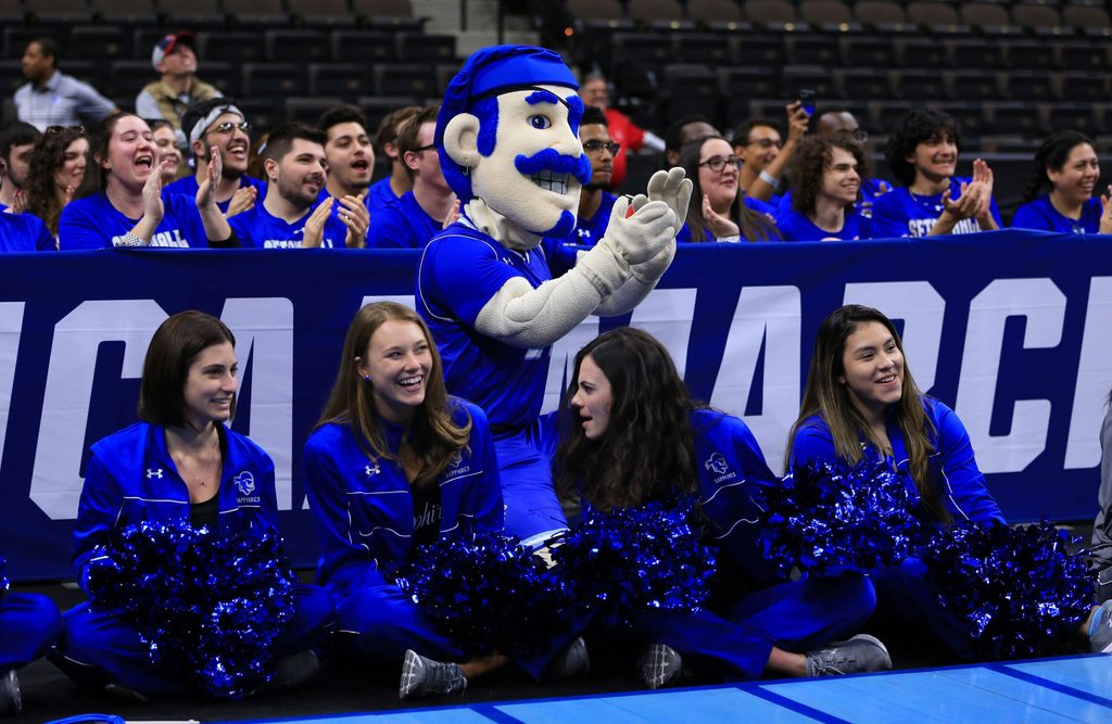 Mar 20, 2019; Jacksonville, FL, USA; The Seton Hall Pirates mascot and cheerleaders during practice day before the first round of the 2019 NCAA Tournament at Jacksonville Veterans Memorial Arena. Mandatory Credit: Matt Stamey-Imagn Images