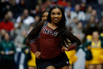 Mar 20, 2019; Dayton, OH, USA; North Carolina Central Eagles cheerleader in the second half against the North Dakota State Bison  in the First Four of the 2019 NCAA Tournament at Dayton Arena. Mandatory Credit: Rick Osentoski-Imagn Images