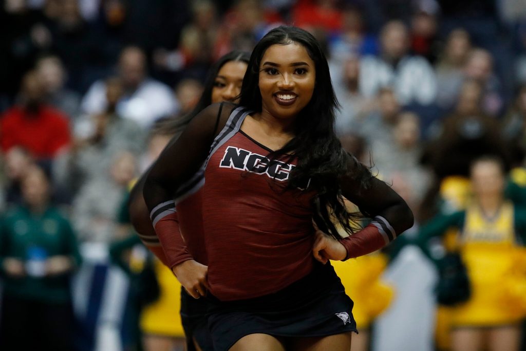 Mar 20, 2019; Dayton, OH, USA; North Carolina Central Eagles cheerleader in the second half against the North Dakota State Bison in the First Four of the 2019 NCAA Tournament at Dayton Arena. Mandatory Credit: Rick Osentoski-Imagn Images