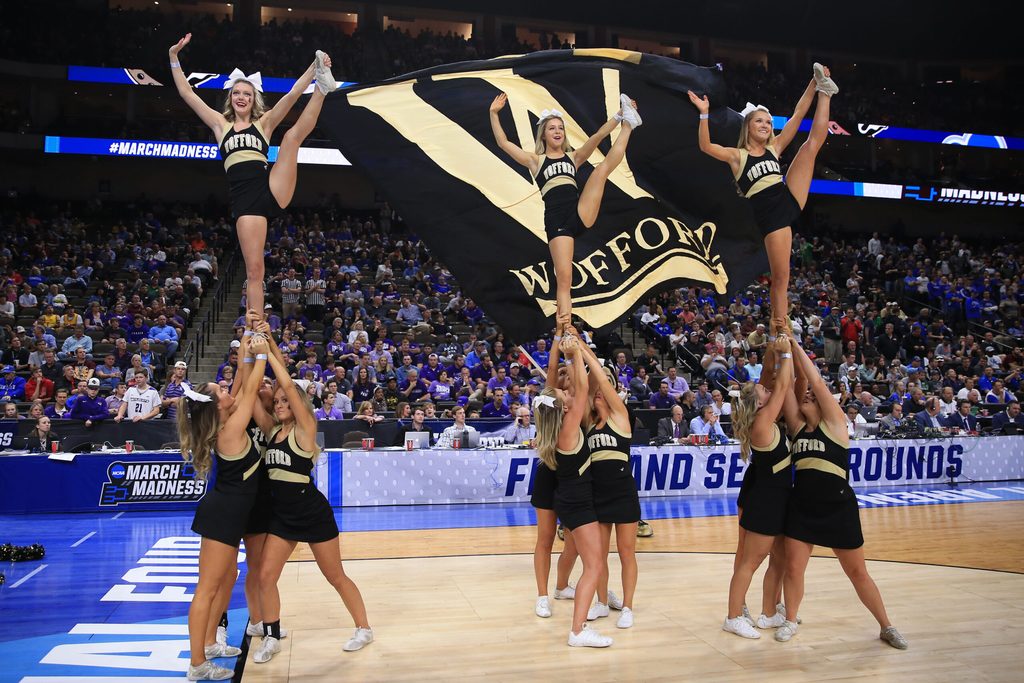 Mar 21, 2019; Jacksonville, FL, USA; The Wofford Terriers cheerleaders preform on the court prior to the game against the Seton Hall Pirates in the first round of the 2019 NCAA Tournament at Jacksonville Veterans Memorial Arena. Mandatory Credit: Matt Stamey-Imagn Images