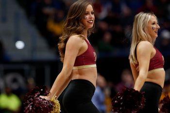 Mar 23, 2019; Hartford, CT, USA; Florida State Seminoles cheerleaders perform during the first half of a game against the Murray State Racers in the second round of the 2019 NCAA Tournament at XL Center. Mandatory Credit: David Butler II-Imagn Images