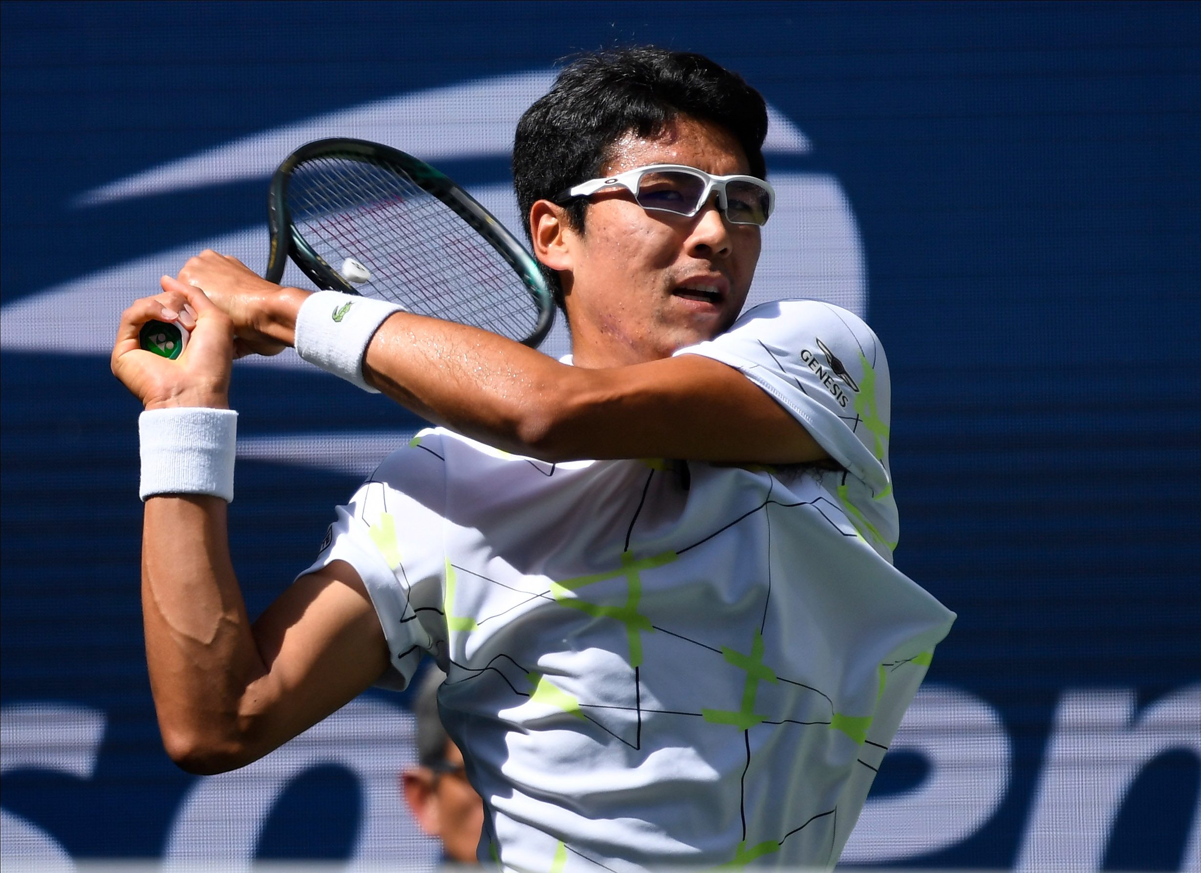 Aug 31, 2019; Flushing, NY, USA;  
Hyeon Chung of Korea hits to Rafael Nadal of Spain in the third round on day six of the 2019 U.S. Open tennis tournament at USTA Billie Jean King National Tennis Center. Mandatory Credit: Robert Deutsch-Imagn Images