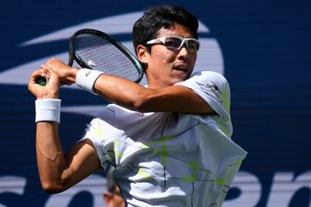 Aug 31, 2019; Flushing, NY, USA;  
Hyeon Chung of Korea hits to Rafael Nadal of Spain in the third round on day six of the 2019 U.S. Open tennis tournament at USTA Billie Jean King National Tennis Center. Mandatory Credit: Robert Deutsch-Imagn Images